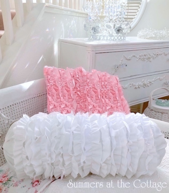 SWEET FLUFFY RUFFLES DREAMY WHITE  BABY PINK PILLOWS